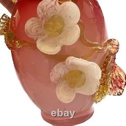 Stevens & Williams Pink Victorian Applied Floral Vase, Art Glass 8.5