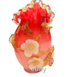 Stevens & Williams Pink Victorian Applied Floral Vase, Art Glass 8.5