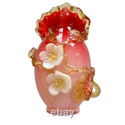 Stevens & Williams Pink Victorian Applied Floral Vase, Art Glass 8.5