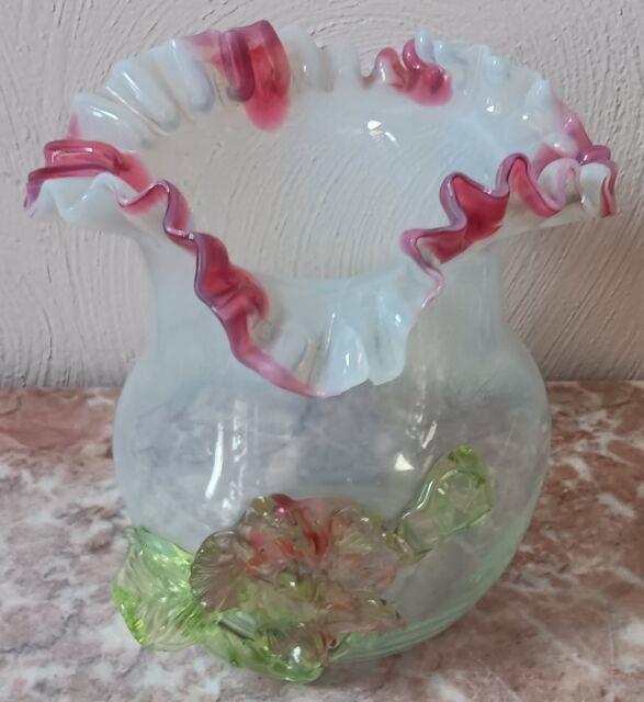 Stevens & Williams Victorian Art Glass Vase With Applied Vaseline Glass Floral