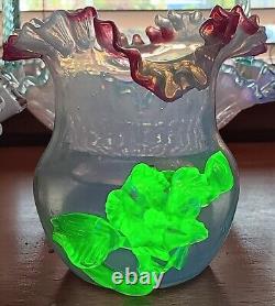 Stevens & Williams Victorian Art Glass Vase with Applied Vaseline Glass Floral