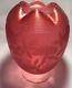 Stevens & Williams Victorian Satin Cranberry Threaded Engraved Etched Vase Rare