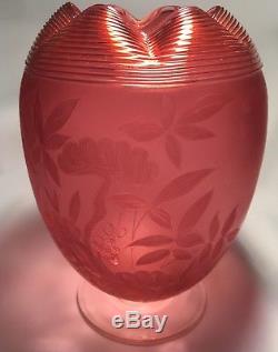 Stevens & Williams Victorian Satin Cranberry Threaded Engraved Etched Vase RARE