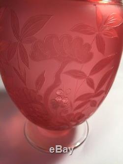 Stevens & Williams Victorian Satin Cranberry Threaded Engraved Etched Vase RARE