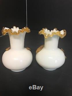 Stevens and Williams 2 VINTAGE c. 1880 ART GLASS VASES with cherry bud designs