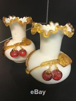 Stevens and Williams 2 VINTAGE c. 1880 ART GLASS VASES with cherry bud designs