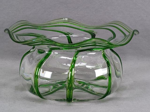 Stuart & Sons Stourbridge Hand Blown Green Trailed Victorian Art Glass Bowl