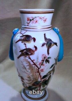 Stunning Antique Moser Opal Glass Vase Applied Teardrops Enameled Birds