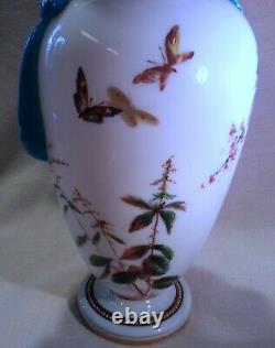 Stunning Antique Moser Opal Glass Vase Applied Teardrops Enameled Birds