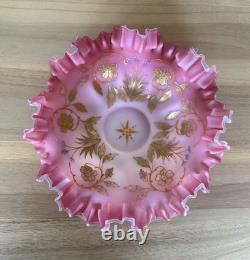 Stunning Antique Pink Cased Painted Art Glass Brides Basket Bowl Victorian Stunning Antique Pink Cased Painted Art Glass Brides Basket Bowl Victorian