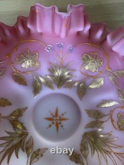 Stunning Antique Pink Cased Painted Art Glass Brides Basket Bowl Victorian Stunning Antique Pink Cased Painted Art Glass Brides Basket Bowl Victorian