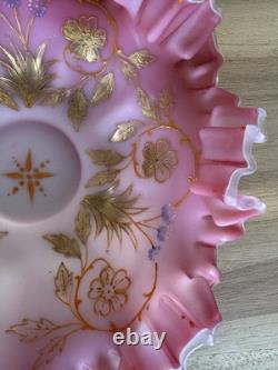Stunning Antique Pink Cased Painted Art Glass Brides Basket Bowl Victorian Stunning Antique Pink Cased Painted Art Glass Brides Basket Bowl Victorian