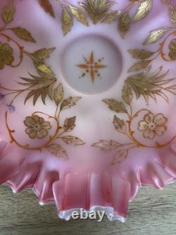 Stunning Antique Pink Cased Painted Art Glass Brides Basket Bowl Victorian Stunning Antique Pink Cased Painted Art Glass Brides Basket Bowl Victorian