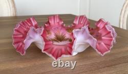 Stunning Antique Pink Cased Painted Art Glass Brides Basket Bowl Victorian Stunning Antique Pink Cased Painted Art Glass Brides Basket Bowl Victorian
