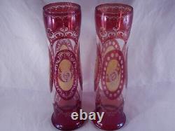 Stunning Antique Stained Glass Vtg Hand Blown Paint Vase Pair 12 High Victorian