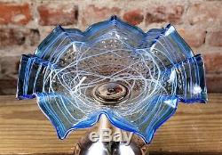 Stunning Antique Vict. Sapphire Blue Threaded Art Glass Brides Basket Compote