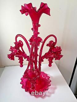 Stunning Antique Victorian Cranberry Red Art Glass 4 Trumpet 3 Basket Epergne