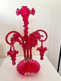 Stunning Antique Victorian Cranberry Red Art Glass 4 Trumpet 3 Basket Epergne