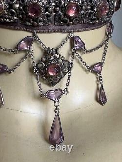 Stunning Antique Victorian Necklace Chiseled metal, Amethyst Teardrop Stones