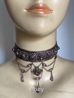 Stunning Antique Victorian Necklace Chiseled metal, Amethyst Teardrop Stones