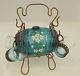 Stunning Antique Victorian Wire Work Enameled Blue Art Glass Barrel Liquor Set