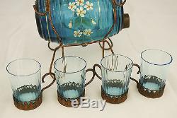 Stunning Antique Victorian Wire Work Enameled Blue Art Glass Barrel Liquor Set