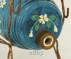 Stunning Antique Victorian Wire Work Enameled Blue Art Glass Barrel Liquor Set