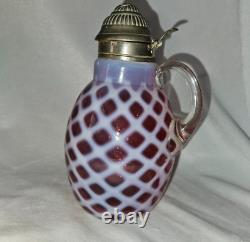 Stunning CRANBERRY Opalescent Lattice Pattern Antique Victorian Syrup Pitcher