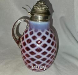 Stunning CRANBERRY Opalescent Lattice Pattern Antique Victorian Syrup Pitcher