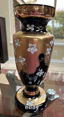 Stunning Czech Glass Vase Massive 16 tall Painted Flowers Gilt Blk/Dk Violet