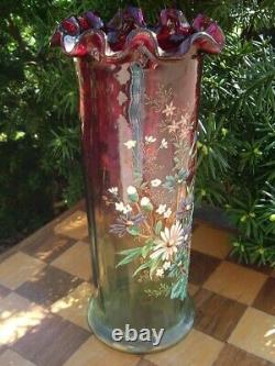 Stunning MOSER Rubina Verde Cylinder Vase Enameled Flowers Gary Baldwin 10