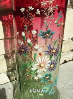 Stunning MOSER Rubina Verde Cylinder Vase Enameled Flowers Gary Baldwin 10