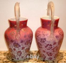 Stunning PAIR Mount Washington enameled cased glass vases, tree branch handles