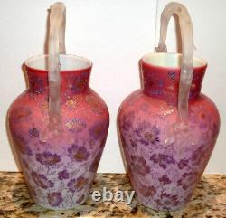 Stunning PAIR Mount Washington enameled cased glass vases, tree branch handles