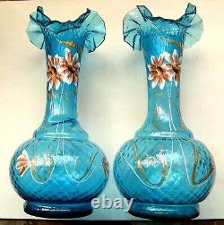 Stunning Pair 19th Century European Turquoise Blue Ruffled Glass Vases c. 1885