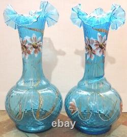 Stunning Pair 19th Century European Turquoise Blue Ruffled Glass Vases c. 1885