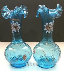 Stunning Pair 19th Century European Turquoise Blue Ruffled Glass Vases c. 1885