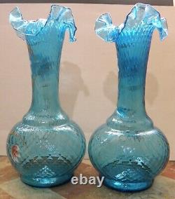 Stunning Pair 19th Century European Turquoise Blue Ruffled Glass Vases c. 1885