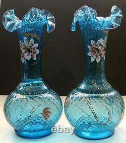 Stunning Pair 19th Century European Turquoise Blue Ruffled Glass Vases c. 1885