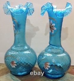 Stunning Pair 19th Century European Turquoise Blue Ruffled Glass Vases c. 1885
