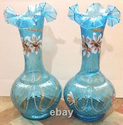 Stunning Pair 19th Century European Turquoise Blue Ruffled Glass Vases c. 1885