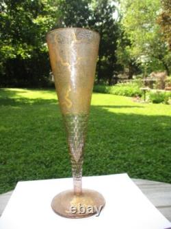Stunning Victorian Art Nouveau Gold Brocade Glass Vase 12.5 Cut Honeycomb Stem Stunning Victorian Art Nouveau Gold Brocade Glass Vase 12.5 Cut Honeycomb Stem