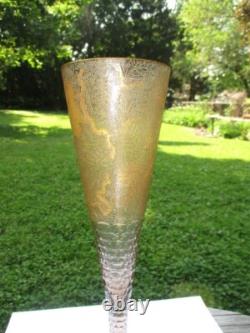 Stunning Victorian Art Nouveau Gold Brocade Glass Vase 12.5 Cut Honeycomb Stem Stunning Victorian Art Nouveau Gold Brocade Glass Vase 12.5 Cut Honeycomb Stem