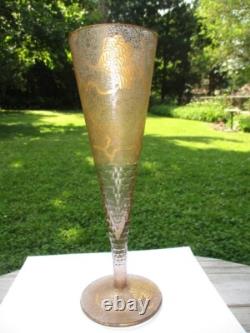 Stunning Victorian Art Nouveau Gold Brocade Glass Vase 12.5 Cut Honeycomb Stem Stunning Victorian Art Nouveau Gold Brocade Glass Vase 12.5 Cut Honeycomb Stem