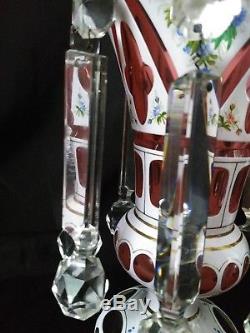 Stunning Victorian era Bohemian Glass Mantel Lusters, White cut to Cranberry