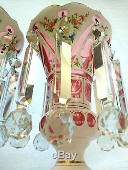 Stunning Victorian era Bohemian Glass Mantel Lusters, White cut to Cranberry 9.5