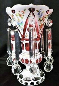 Stunning Victorian era Bohemian Glass Mantel Lusters, White cut to Cranberry 9.5