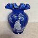 Sue Fenton Mary Gregory Cobalt Blue Vase Girl Bird Watching With Cat 5.75 Signed