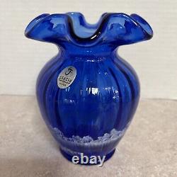 Sue Fenton MARY GREGORY COBALT BLUE VASE Girl Bird Watching With Cat 5.75 Signed
