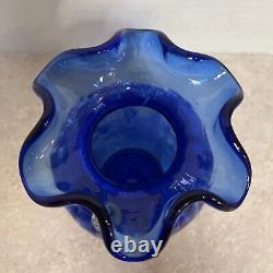 Sue Fenton MARY GREGORY COBALT BLUE VASE Girl Bird Watching With Cat 5.75 Signed